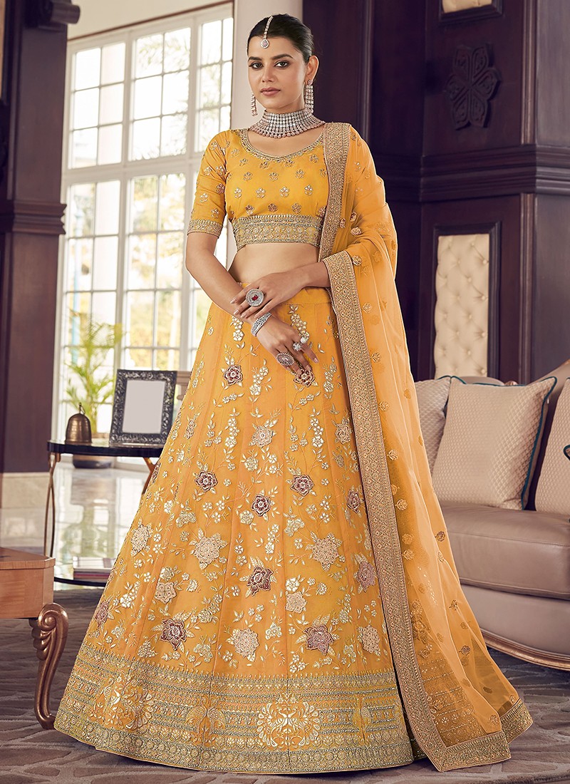 Mustard Yellow Thread And Sequins Embroidered Net Semi Stitched Bridal  Lehenga - Divine International Trading Co - 3208966