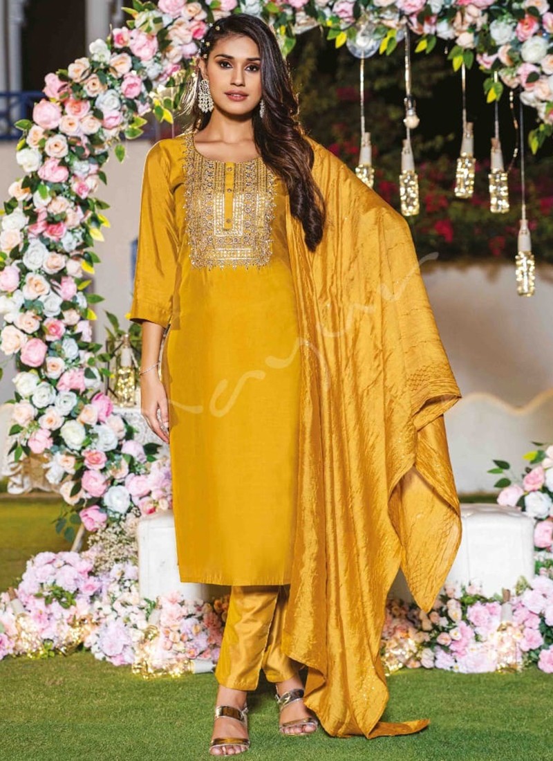 Aaria Silk Embroidered Pant Style Suit In Lemon Yellow