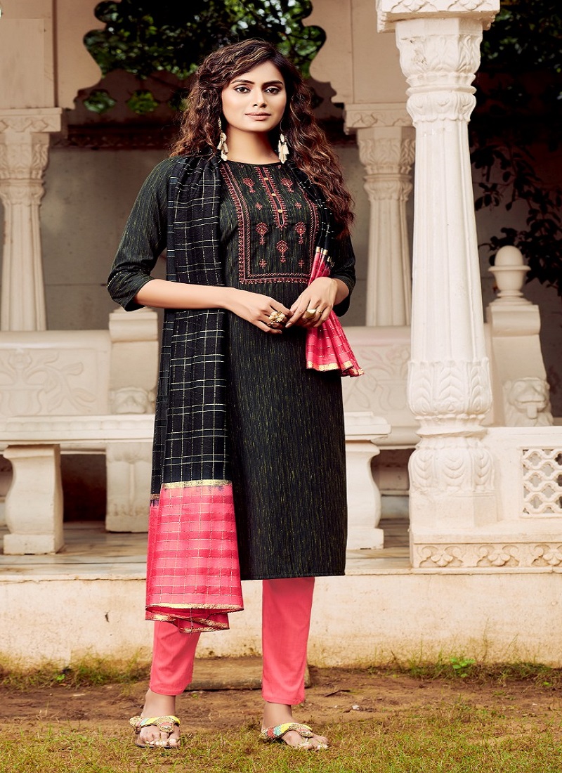 South Cotton Kurti With Rayon Plazo In Grey&Blue Color With Embroidery Work  ,Cotton Work Duppata - Suits & Sharara