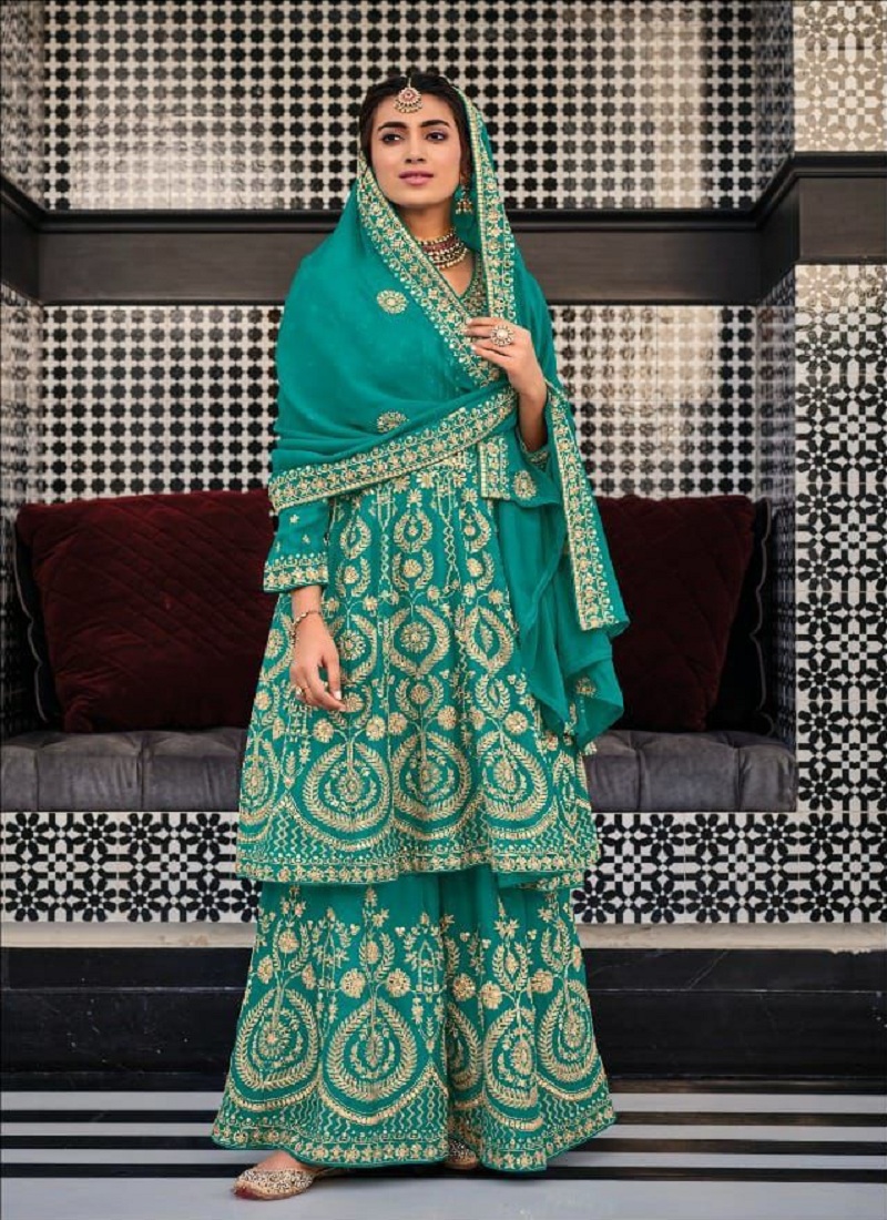 RF - Green color Greorgette Straight Suit. - Designer Salwar Kameez -  Salwar Suits - Indian