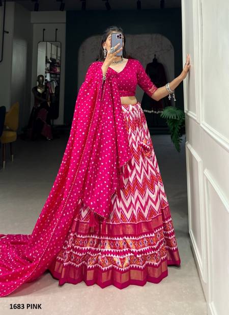 Aawiya 1683 Pink Tussar Silk Leheriya Foil Printed Lehenga Choli Exporters In India