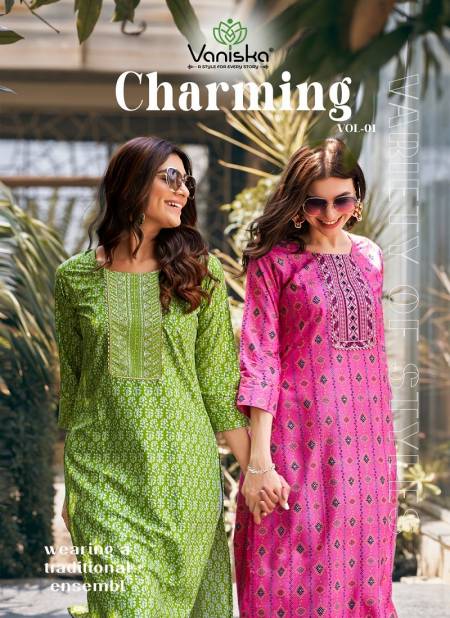 Charming Vol 1 By Vaniska Rayon Foil Printed Kurtis Wholesale Price In Surat