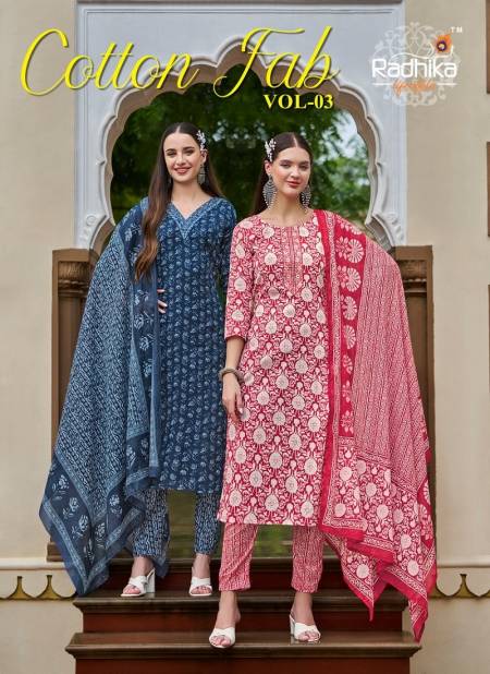 Cotton Fab Vol 3 Cotton Printed Embroidery Kurti With Bottom Dupatta Wholesale Online