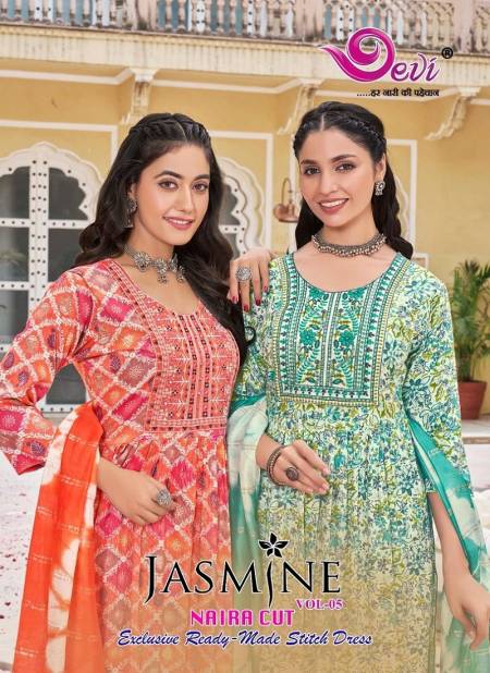 Jasmine Vol 5 By Devi Naira Cut Rayon Printed Kurti With Bottom Dupatta Wholesale Market In  Surat