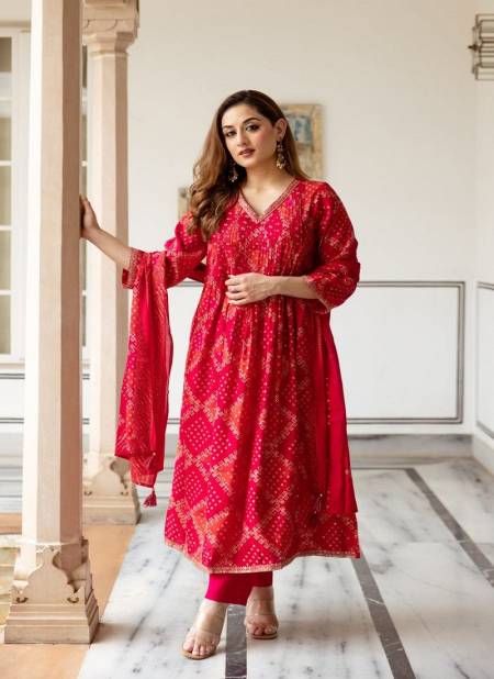 KF Red Kalaai Printex Embroidery Kurti With Bottom Dupatta Exporters In India