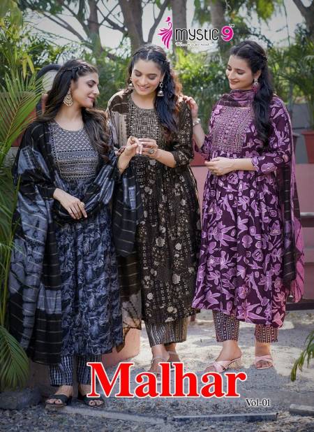 Malhar Vol 01 By Mystic 9 Naira Cut Chanderi Modal Printed Readymade Suits Wholesale Online
