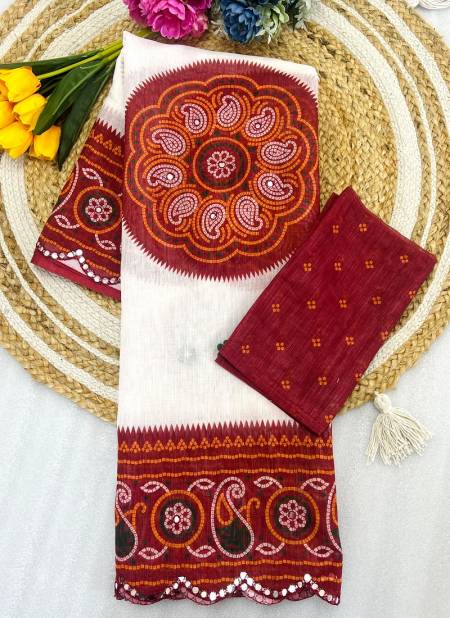 MG 407 Plain Linen Mirror Work With Digital Printed Sarees Wholesale Shop In Surat
