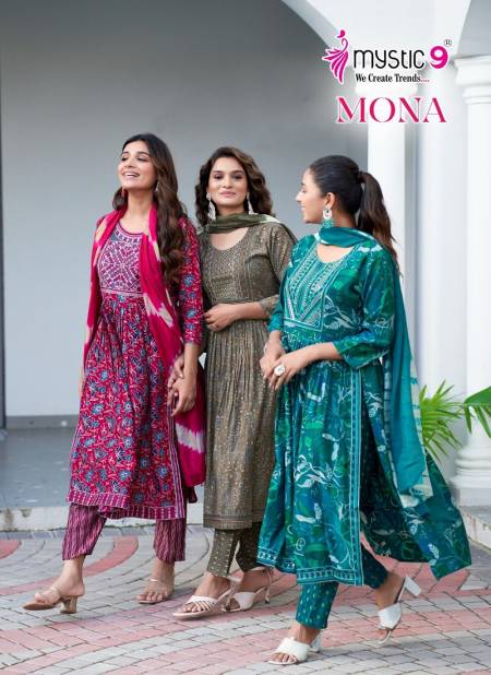 Mona Vol 1 By Mystic 9 Foil Print Embroidery Kurti With Bottom Dupatta Wholesale Price In Surat
