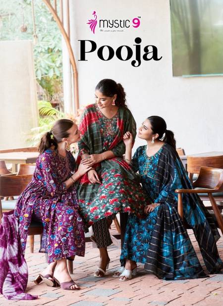 Pooja Vol 7 By Mystic 9 Rayon Aliya Cut Kurti With Bottom Dupatta Wholesale Online
