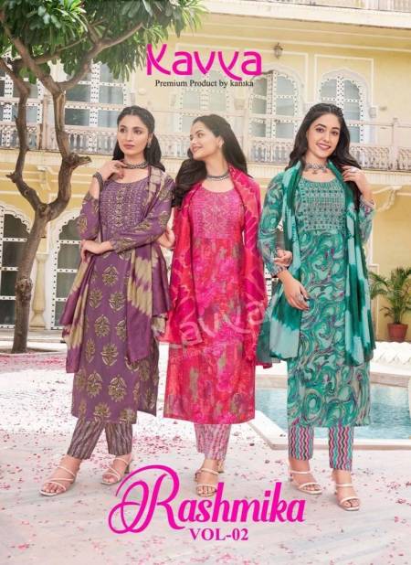 Rashmika Vol 02 By Kavya Rayon Embroidery Kurti With Bottom Dupatta
