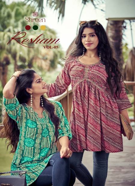 Resham Vol 5 By Shreen Rayon Printed Tunics Ladies Top Wholesale Online