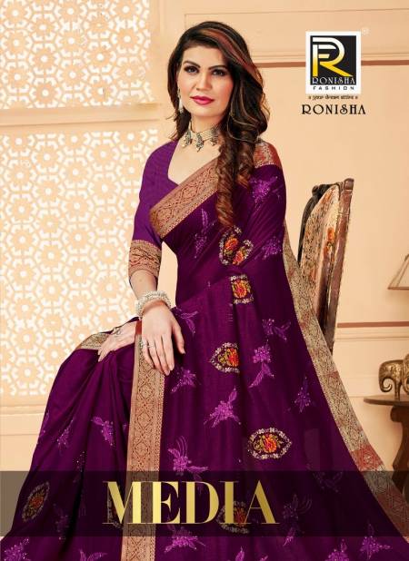 Ronisha Media Latest Fancy Designer Festive Wear Vichitra Silk Embroidery Worked Designer Saree Collection
