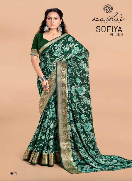 Sofiya Vol 9 By Kashvi Moss Zari Border Printed Saree Wholesale Shop In Surat