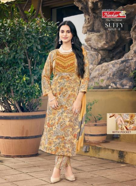 Suffy Gold 8 By Navkar Rayon Foil Printed Kurti With Bottom Dupatta Wholesale Shop In Surat
