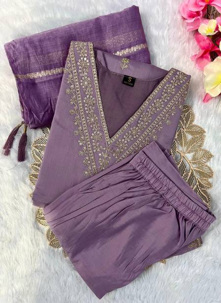 VT Designer Lavender Roman Silk Embroidery Kurti With Bottom Dupatta Wholesale Market In Surat
