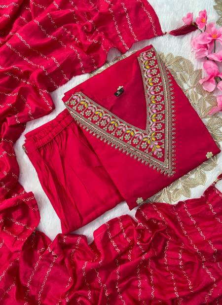 VT Tomato Pink Designer Roman Silk Embroidery Kurti With Bottom Dupatta Wholesale Price In Surat
