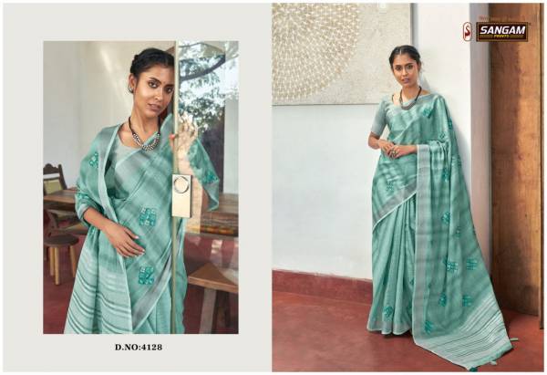 Sangam Parul Linen Fancy Festive Wear Embroidery Work Designer Saree collection