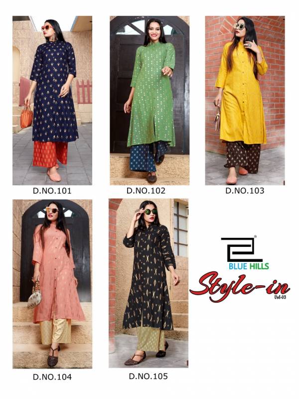Blue Hills Style In Vol 3 New Golden Designer Printed Pure Rayon Kurtis Collection With Plazzo