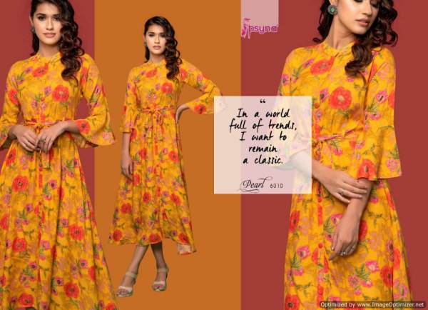 Psyna Pearl 6 Designer Printed Party Wear Heavy Rayon Gown Type Kurti Collection