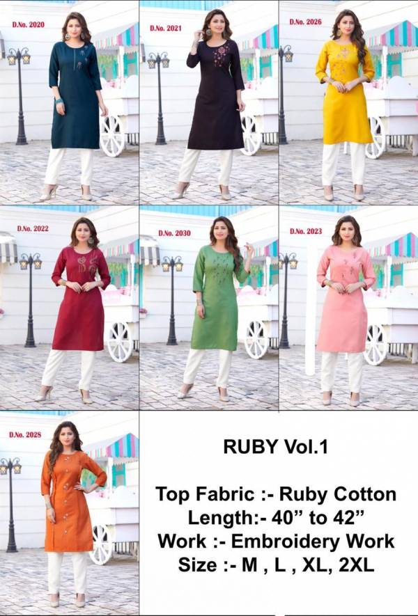 Ruby vol 1 Cotton Daily Wear Embroidery Work Long Kurtis Collections