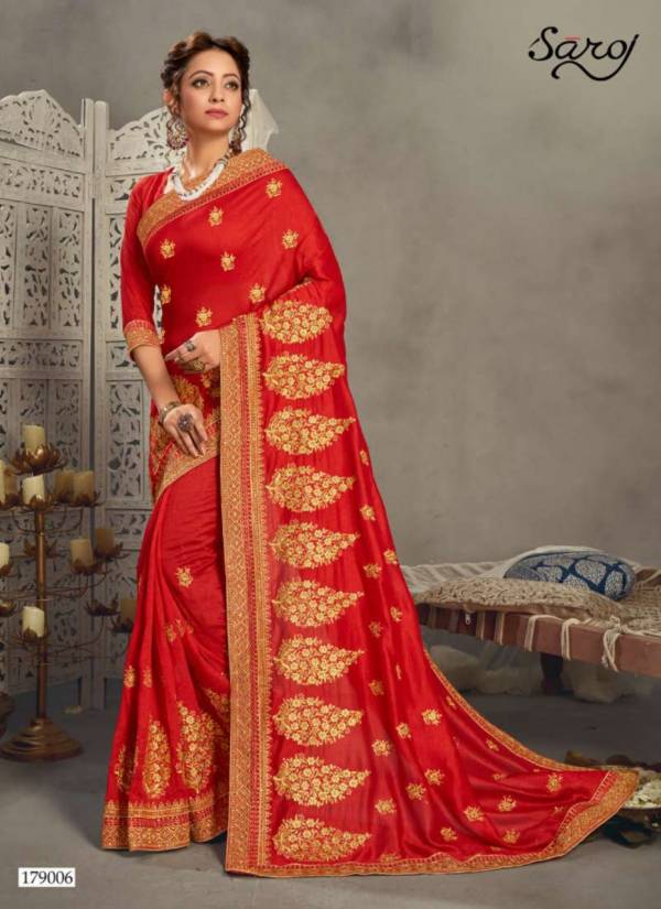 SAROJ VIDHA Latest Fancy Designer Heavy Festive Wear Vichitra Silk With Heavy Embroidery and Diamonds Work and Butti Saree Collection