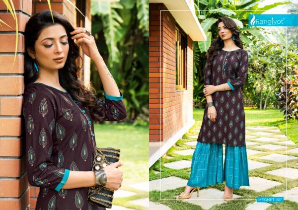 Rangjyot Magnet Vol 3 Latest Party Wear Heavy Rayon Gold Printed Kurti With Bottom Collection
