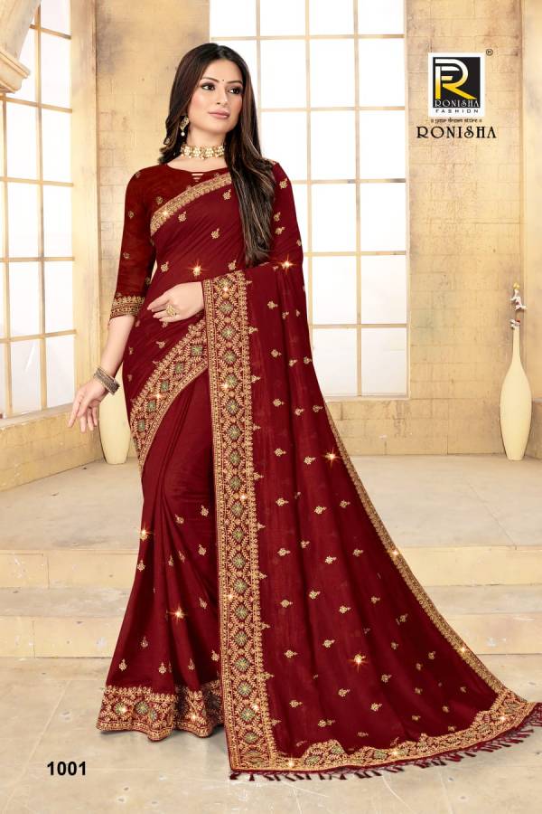 Ronisha Nitya Latest Heavy Festive Wear Vichitra Silk Embroidery Work Saree Collection