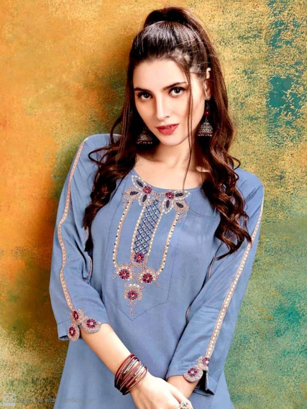 C9 Polite Latest Casual Wear Designer Rayon Slub with Fancy Embroidery Sleeves Work Kurti With Bottom Collection 