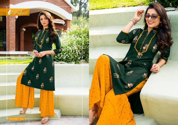 Rangjyot Magnet Vol 3 Latest Party Wear Heavy Rayon Gold Printed Kurti With Bottom Collection
