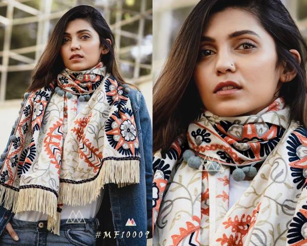 Mesmora Latest Winter Collection of 100% Embroidered Mufflers Decorated With Long Woollen Laces And Pompom Laces