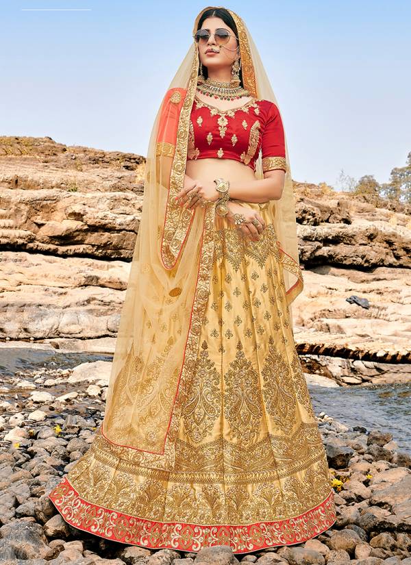 Heavy Designer Bridal Satin Silk With Net Dupatta Embroidery Work Lehenga Choli Collection  