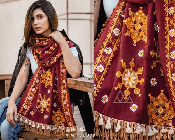 Mesmora Latest Winter Collection of 100% Embroidered Mufflers Decorated With Long Woollen Laces And Pompom Laces