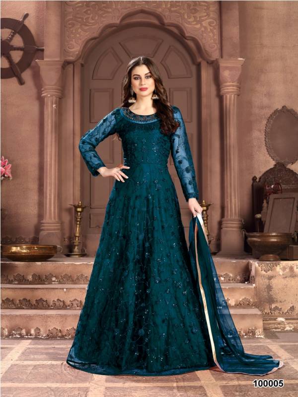 Aanaya 100 Colors 2 Latest Designer Wedding Gown Style Salwar Suit Collection Full Embroidered Work On Net With Four Sided Bordered Net Duptta