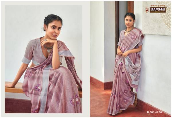 Sangam Parul Linen Fancy Festive Wear Embroidery Work Designer Saree collection