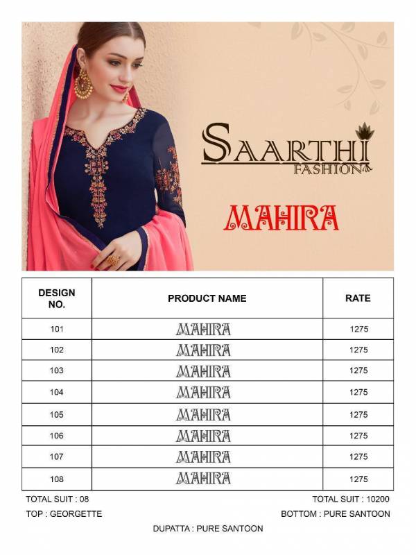 Sanskriti Saarthi Fashion Mahira Georgette Embroidery Work Desgner Chudidar Salwar Suit Collections