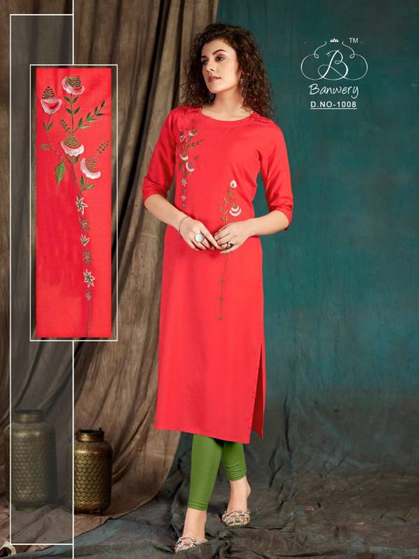 Banwery Taapsee Heavy Slub Rayon Airjet With  Embroidery Work Designer Kurtis Colections