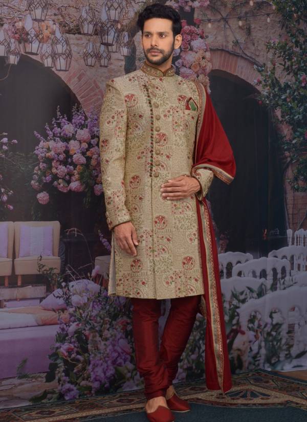 New Wedding Wear Designer Fancy Heavy Banarasi Jacquard Silk Embroidery Work Sherwanis Collection