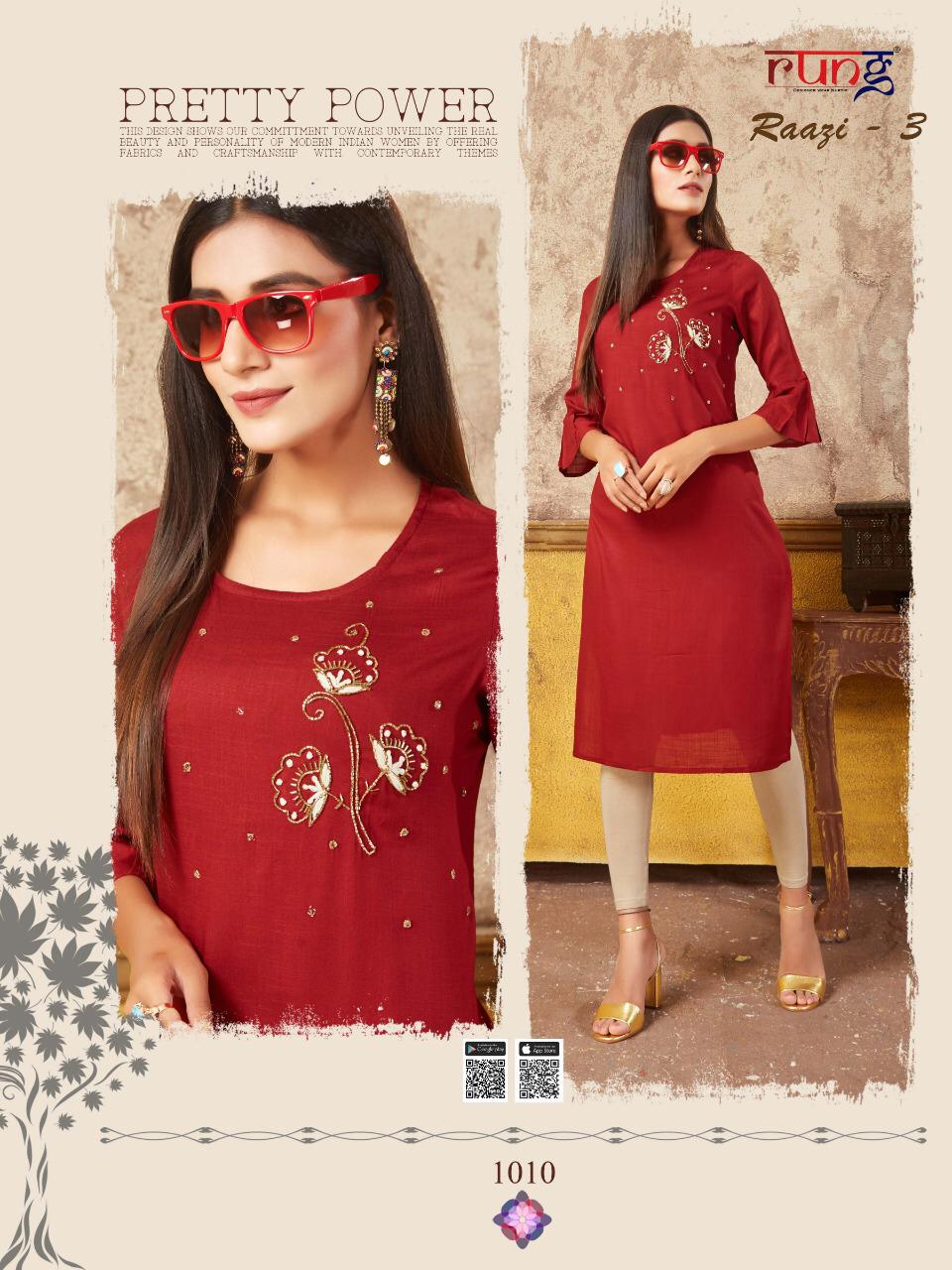 Rung Razzi 3 Latest Designer Party Wear Festive Wear Straight Line Embroidery Work Kurtis Collection  
