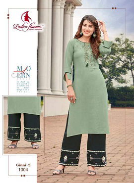 Ladies Flavour Ginni 3 Latest Designer Party Wear Embroidery Worked Rayon Kurti With Plazzo Collection
