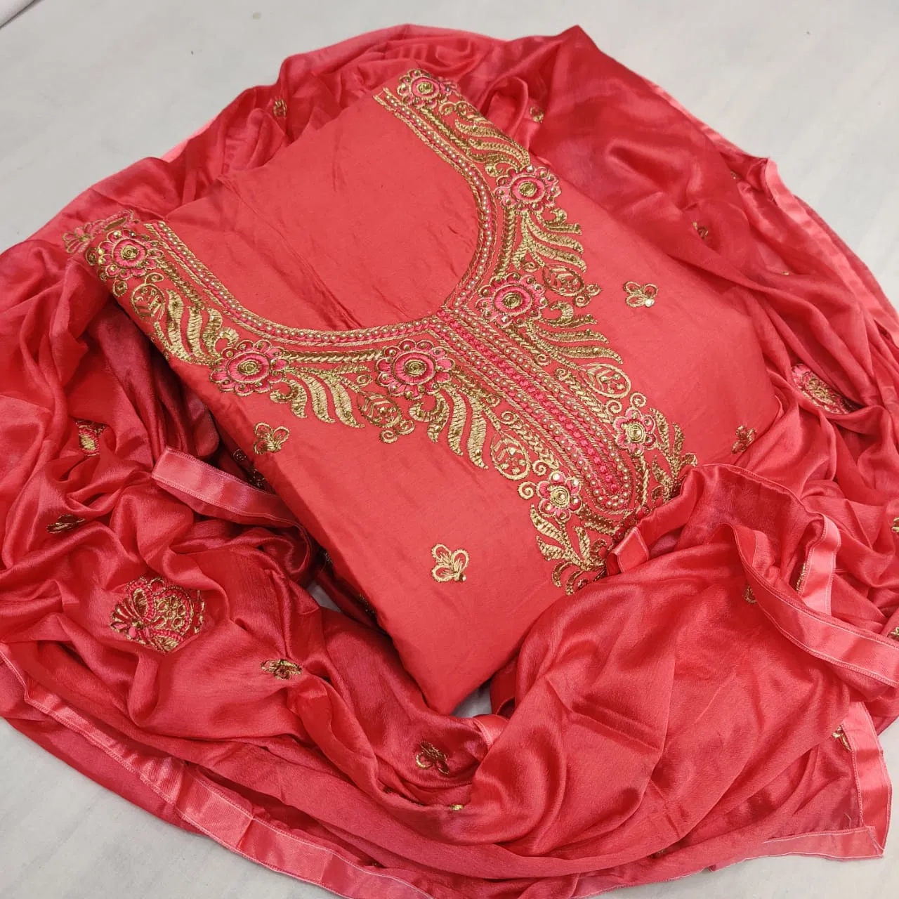Latest Designer Festive Wear Beautiful Embroidery Worked Neck Design Jam Cotton Dress Material Collection 