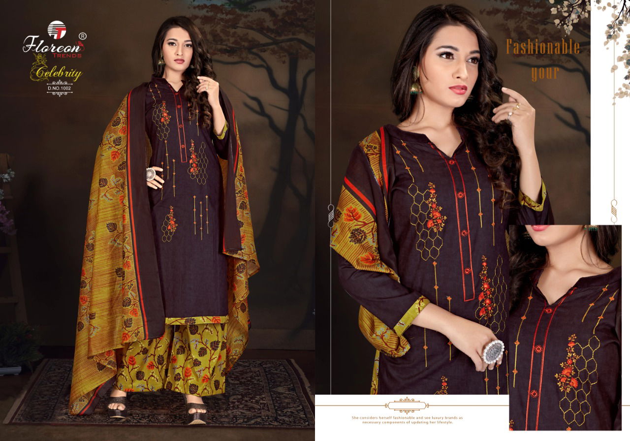 Floreon Celebrity 2 Latest Fancy Regular Wear Heavy Lawn Cambric Negative Print With Fancy Embroidery  Cotton Dress Materials Collection
