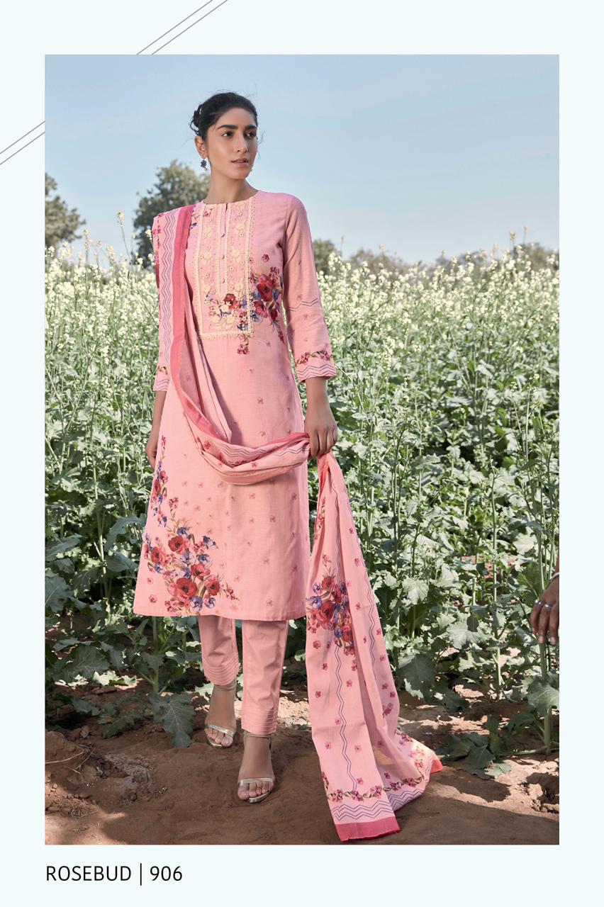 T&M ROSEBUD HIT DESIGNS Latest Designer Festive Wear Pure Line Pattern Digital Print With Embroidery Neck And Handwork Dress Material Collection