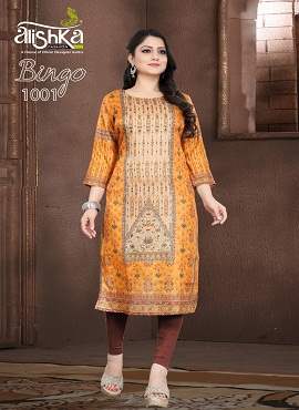 Alishka Bingo Latest Designer Tusser Silk With Inner Digital Print And Handwork Long Kurti Collection 