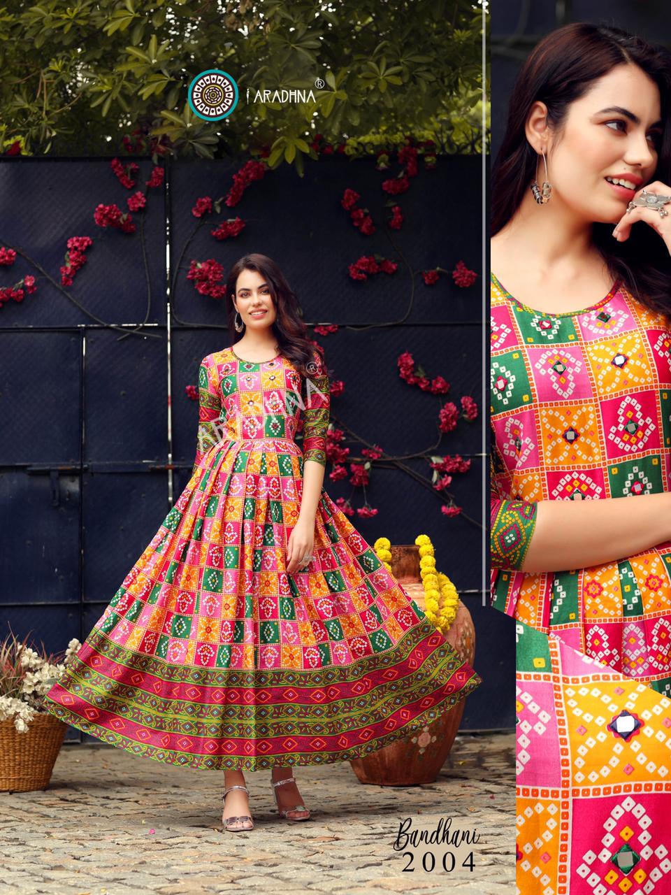 Aradhna Bandhani 2 Heavy Cotton Printed Festive Wear Anarkali Long Kurtis Collection
