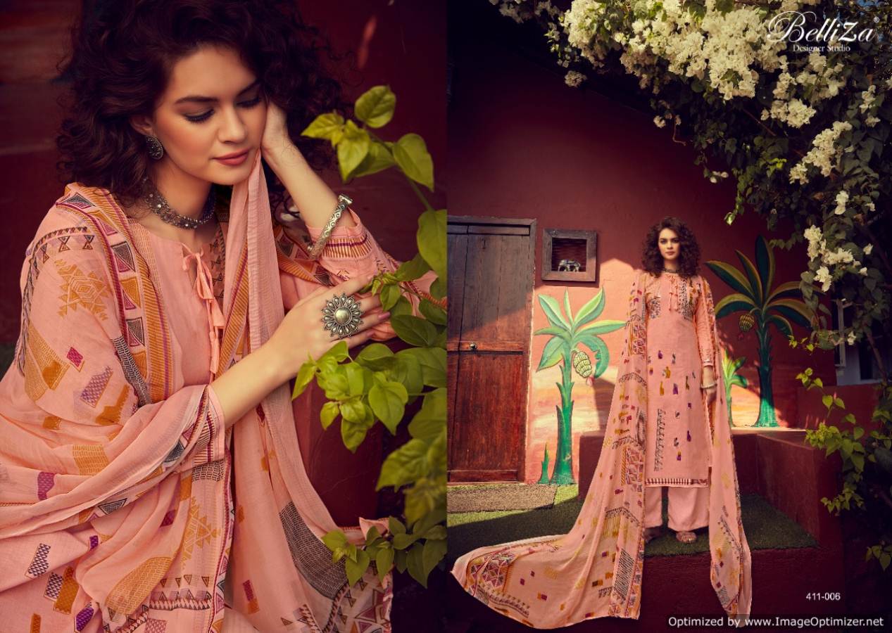 Belliza Zohra Pure Cotton Digital Style Print Designer Dress Material Exclusive Printed Nazneen Chiffon Dupatta With Four Side Lace 