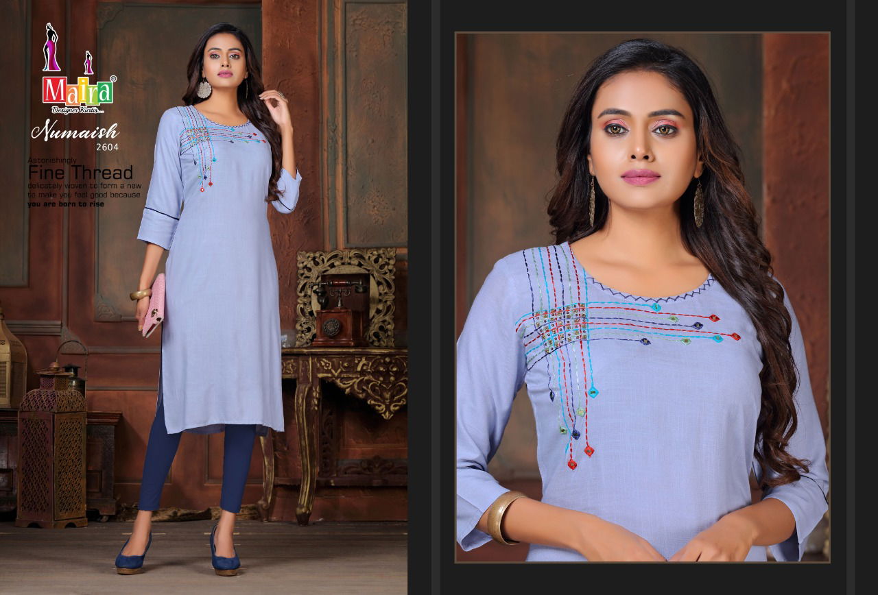 Maira Numaish 26 Latest Regular Wear Straight With Handwork Rayon slub Designer Kurtis Collection
