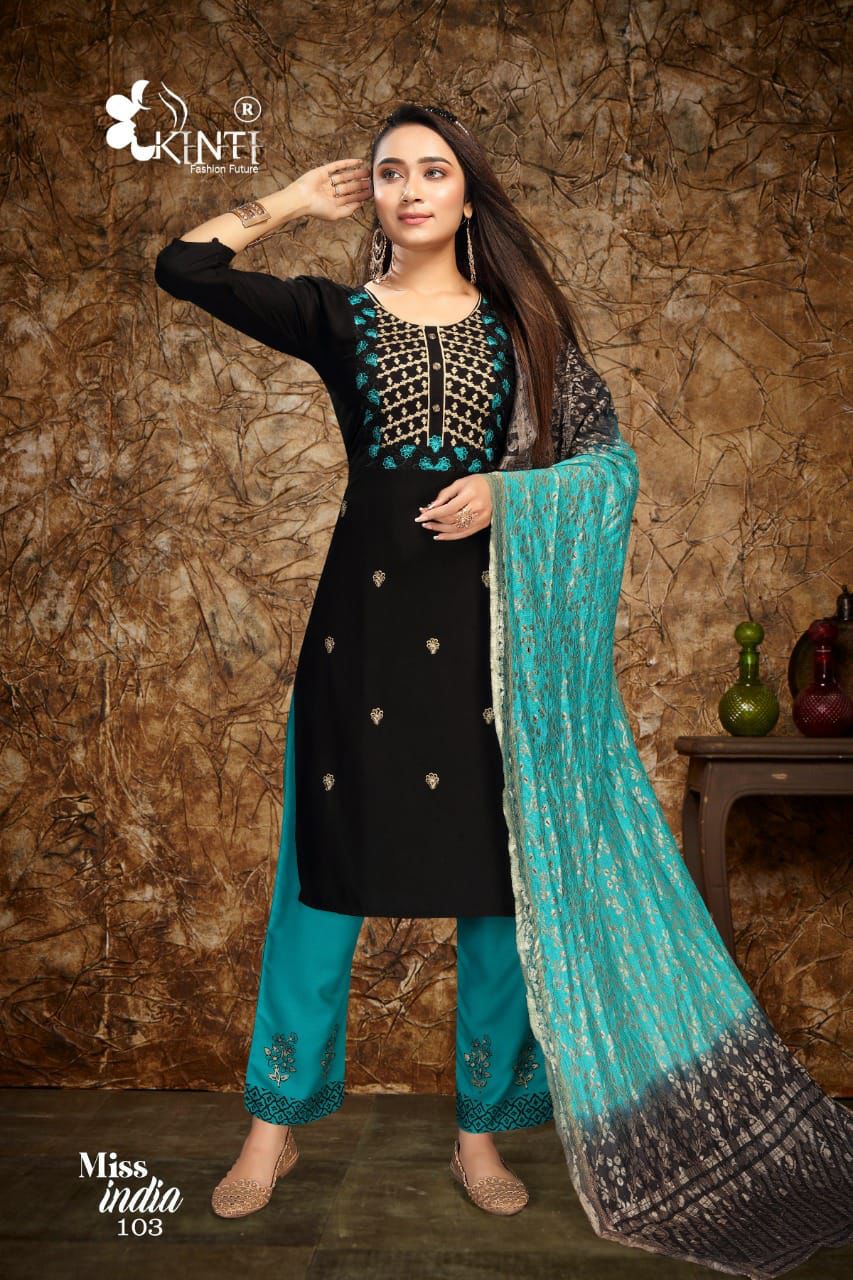 Kinti Miss India Festive Wear Rayon Top Pent And Dupatta Ready Made Collection
