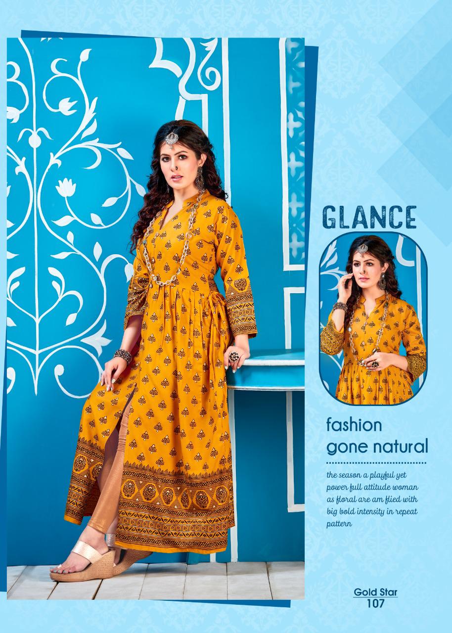 Ft Gold Star Latest Designer Party Wear rayon Long Printed Kurtis Collection
