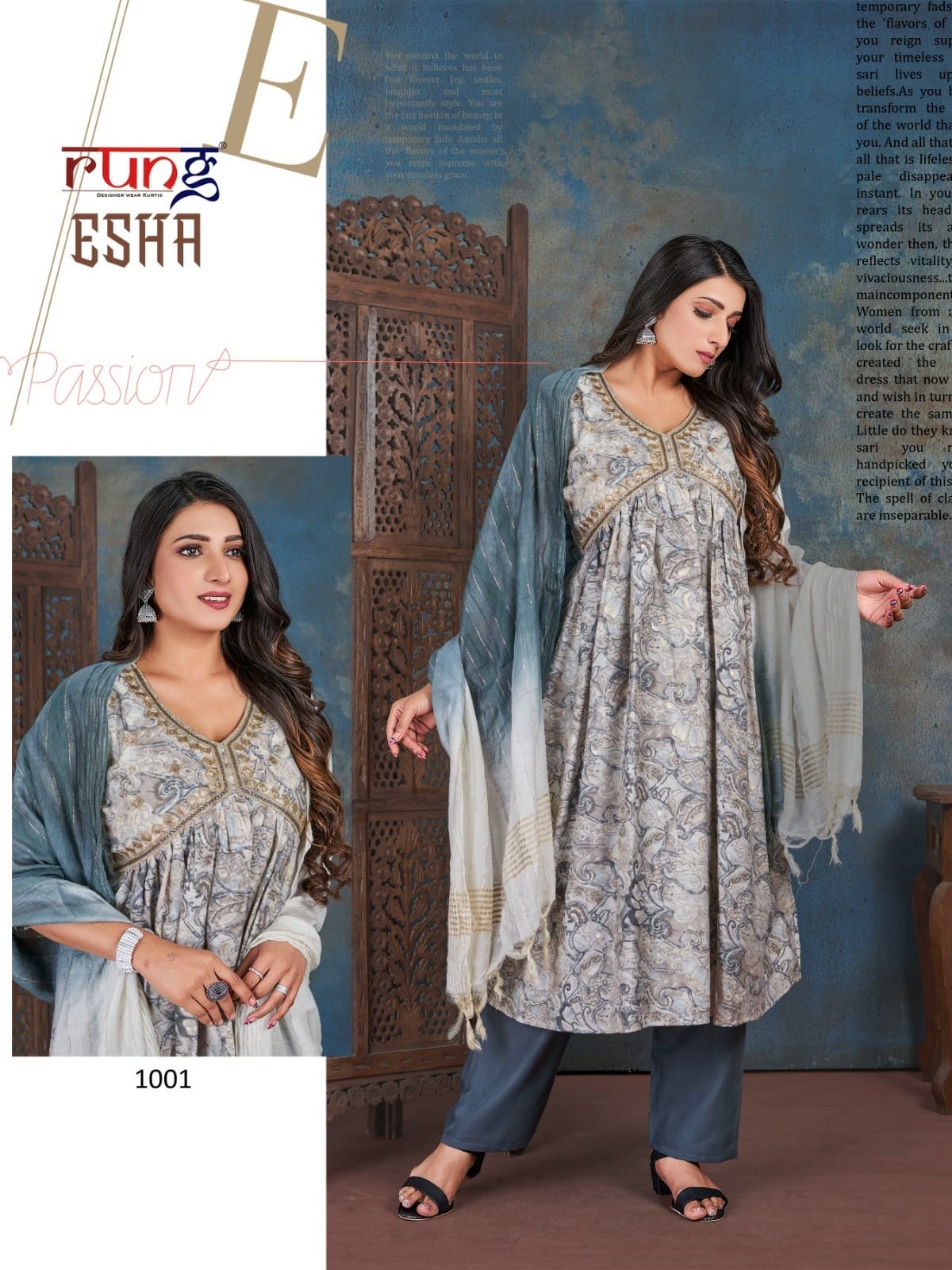 Esha By Rung Alia Cut Kurti With Bottom Dupatta Wholesale Shop In Surat