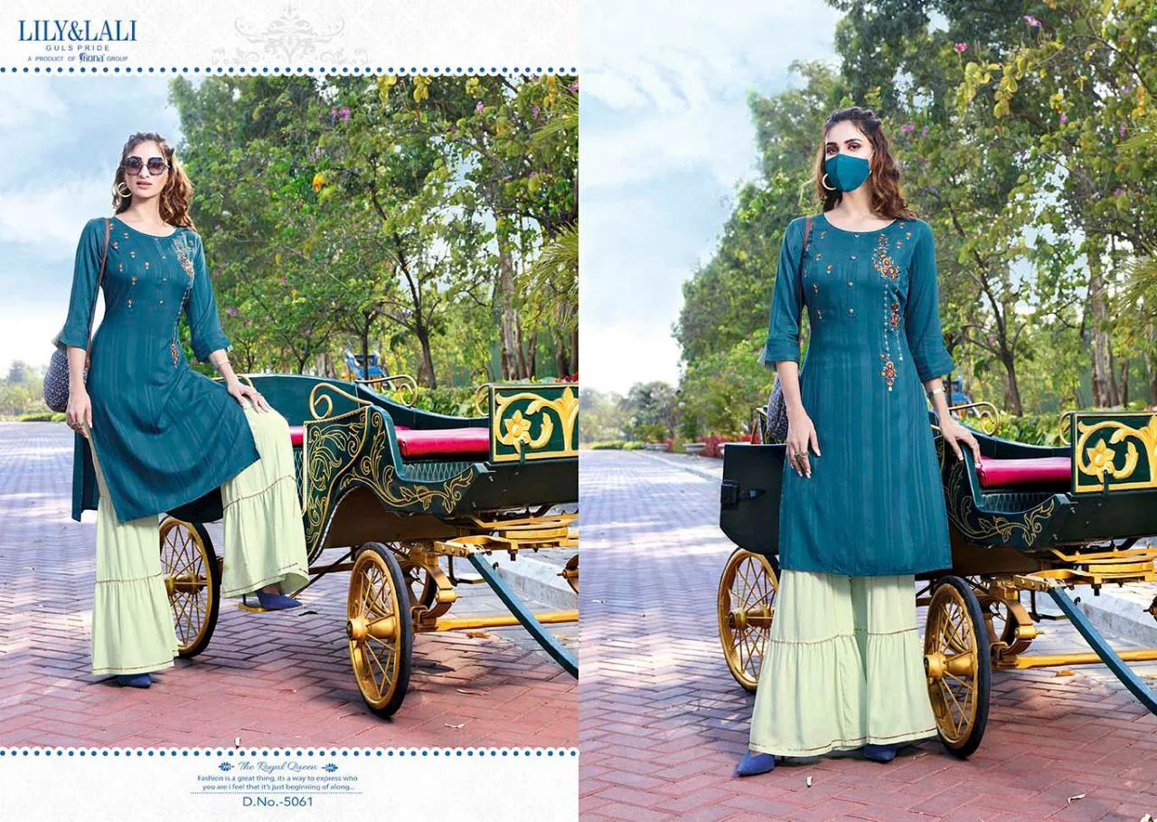 Lily & Lali Mystery Designer Partywear Fancy Rayon with Pattern Fabric Embroidery Kurtis with Gharara Collections